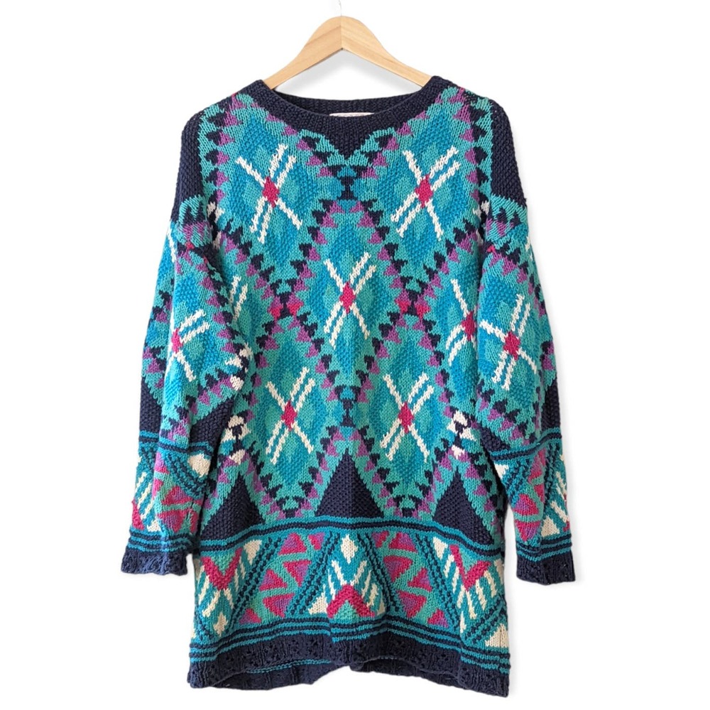Vintage 80s 90s Hand Knit Multi Color Intarsia Tunic Sweater Size Large